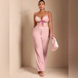 SHEIN BAE Plus Size Women's Solid pink Stretch Knitted Straight Suit Trousers🌸